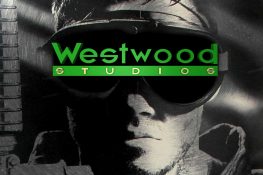 Ausgegrautes Gesicht eines Soldaten auf dessen Brille das Westwood Studios Logo prangt