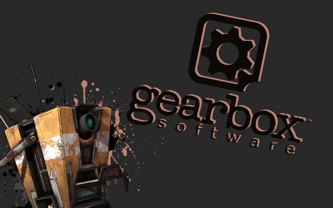 Roboter Claptrap und das Gearbox Logo