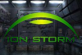 Futuristische Waffenkammer mit grünem Ion Storm Logo