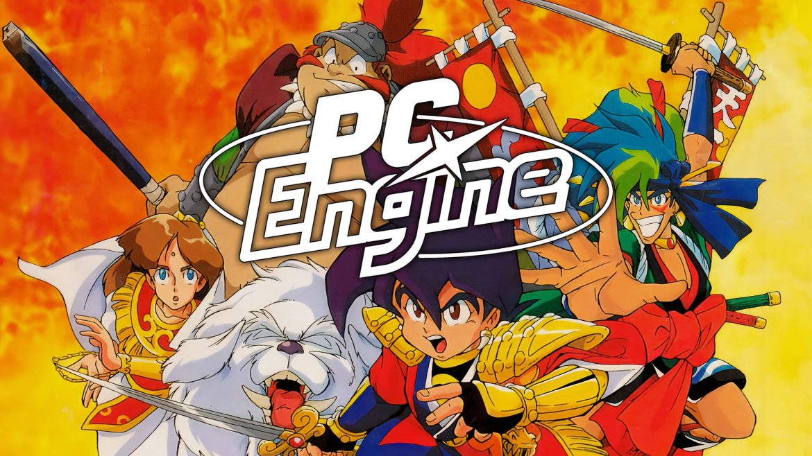 PC Engine Logo über einer Zeichnung der Tengai Makyou Helden