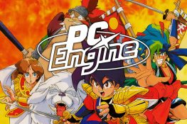 PC Engine Logo über einer Zeichnung der Tengai Makyou Helden