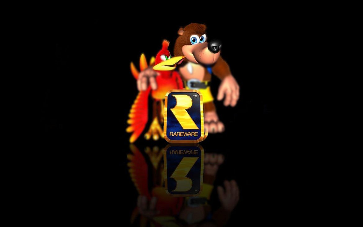 Banjo und Kazooie posen hinter dem Rareware Logo